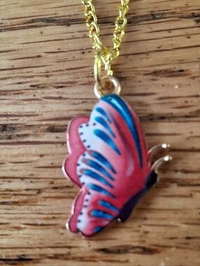 NWT Gold Butterfly Pendant Necklace - Pink & Blue Enamel